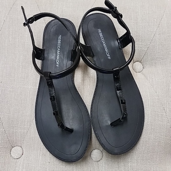 Rebecca Minkoff Black Grace Studded T-Strap Thong Sandals Size 8.5 - Picture 3 of 4